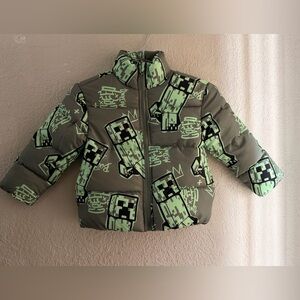 Minecraft Little and Big Boys Creeper Zip Puffer Jacket, Lightweight, Size 4/5